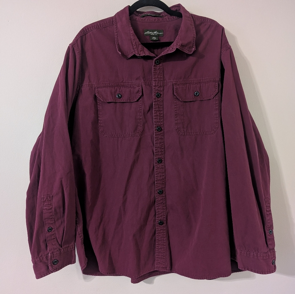 Eddie Bauer Button Down Utility Shirt Mens XXL Maroon Made With Cotton Relaxed